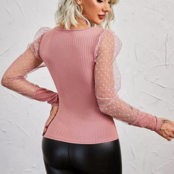 Dobby Mesh Gigot Sleeve Scoop Neck Top - Picture 5 of 5